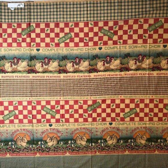 Just Shy 2 yards Vintage Chicken Pig Primitive Check Stripe Cotton Fabric - Picture 1 of 8